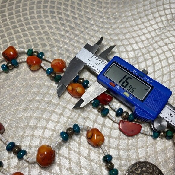 Vintage Yemenite Filigree 925 Silver Coral Turquoise Necklace 34” - Picture 3 of 16
